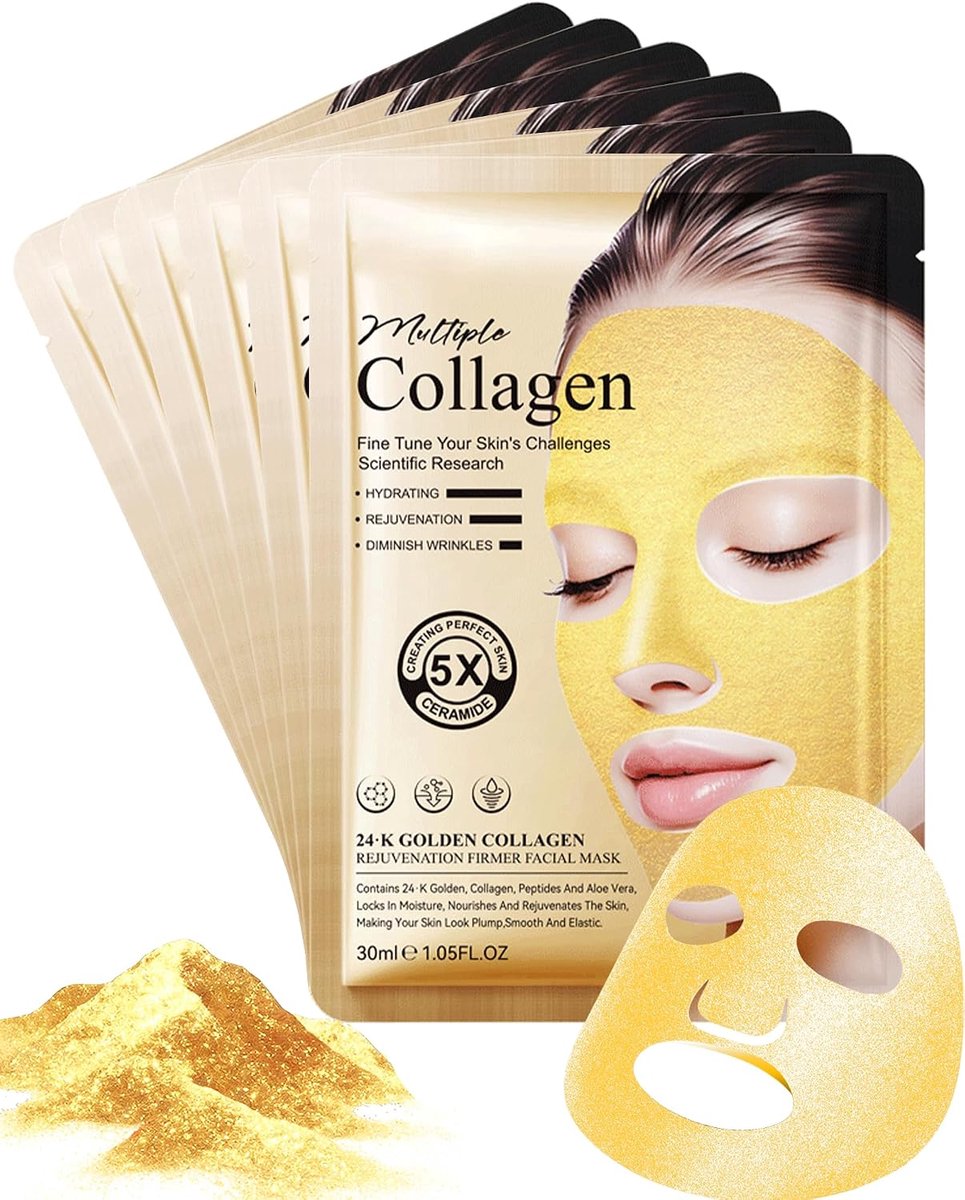 Maskers, set van 6 stuks, goud, collageen, smoothing, rimpels, gezichtsmaskers, vochtversteviging, blad-maskers, diep moisturizer, huidverzorging, cadeau voor vrouwen, set A