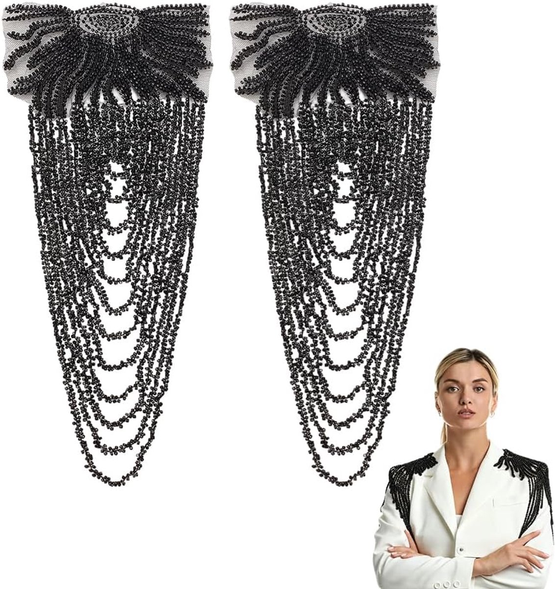 1 Paar Steentjes Applique voor Schouder Zwart Kralen Kwastje Schouder Applique Kralen Kwastje Link Chain Epaulet Kwastjes Franje Schouder Epaullette voor Schouder Jas Party Versiering