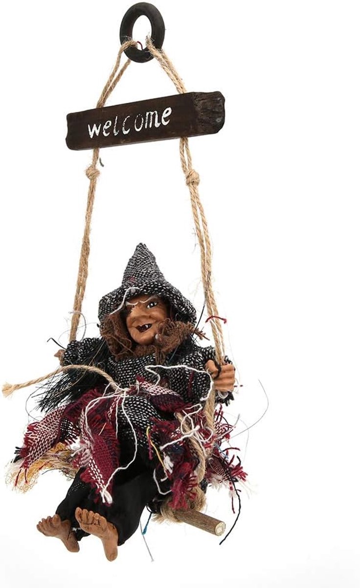 Halloween Heks Hanger Hangende Decoratie Duurzaam Spookhuis Prop voor Voordeur Raam Tuin Veranda Buiten Binnen Decor Doek Materiaal Geel Zwart Grijs Dop (grijze hoed heks)