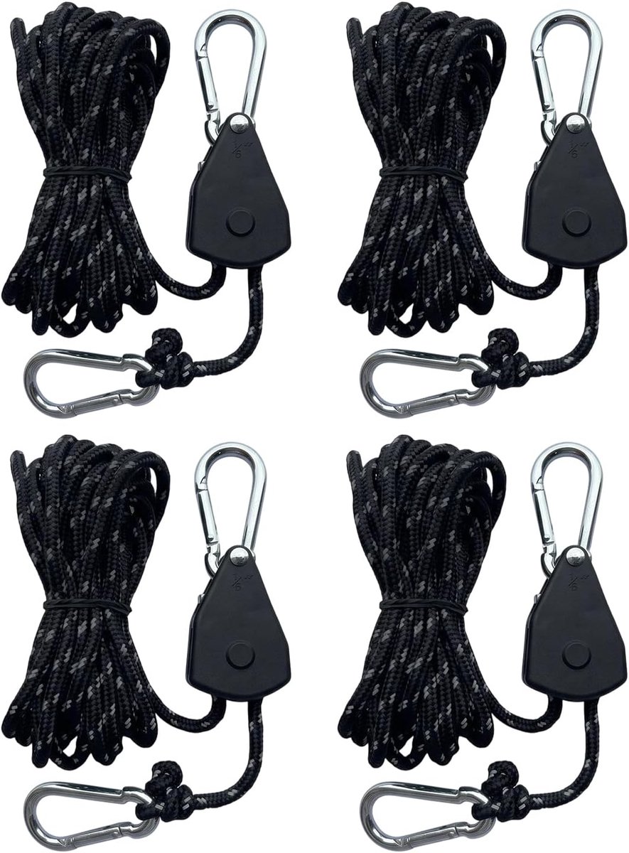 Set met 4 kabelrollen en riemschijven voor 4 m touw, snelspanning, anti-knoop, zwarte nylon touwen Ø 4 mm, weerbestendig voor parasols, tenten en lichte zeilen