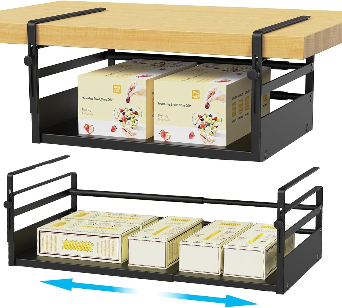2 stuks opbergmand voor onderrek, hangmand, metaal, lengte rekbaar, 34-52 cm, hangmand, rek onder kast, mand-organizer, rek voor keuken, kantoor, eetkamer, badkamer (zwart)