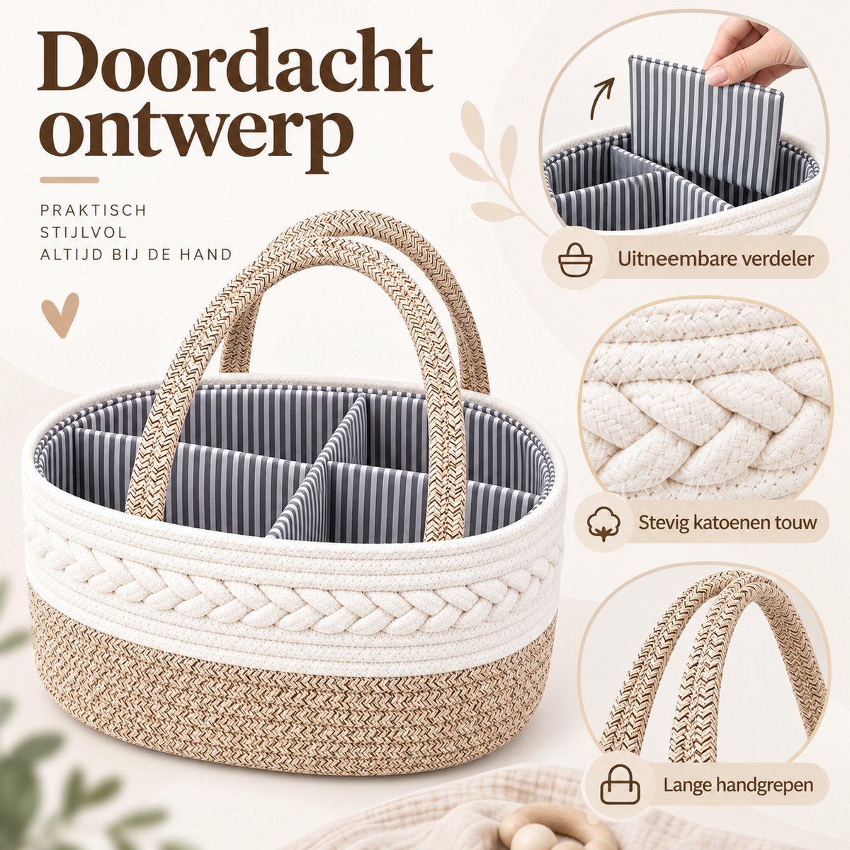 Luiermand voor Commode – Baby Organizer met Uitneembare Vakken – Commodemandje met Handvatten – 36 x 22 x 18 cm – Opbergmand voor Luiers, Doekjes & Babyverzorging – Beige – foto 7