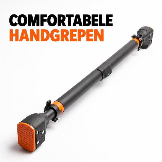 Zwarte en oranje stang met comfortabele handgrepen en waterpas.