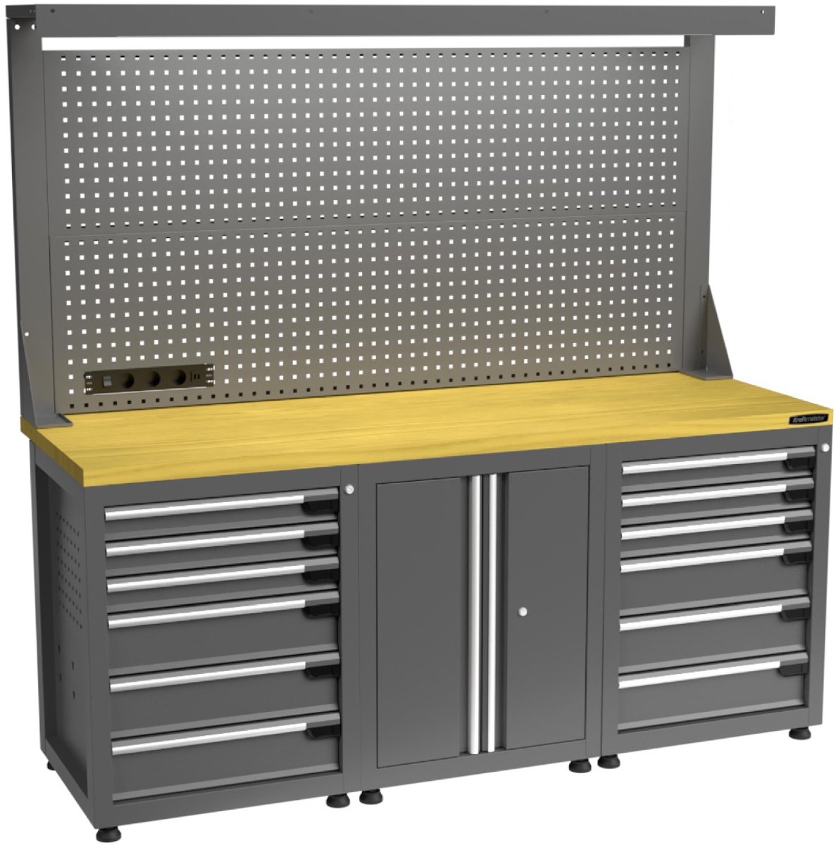 Kraftmeister werkbank 200 cm - Werktafel met gereedschapswand, 12 laden, 1 opbergkast en MDF werkblad - Grijs