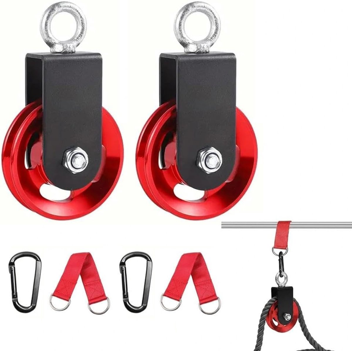 Aluminium Pulley 90mm Blok Pulley voor Fitness met U Beugel en Carabiner Verbindingsriem voor Kabels, DIY Gym en Kabelmachine Accessoires