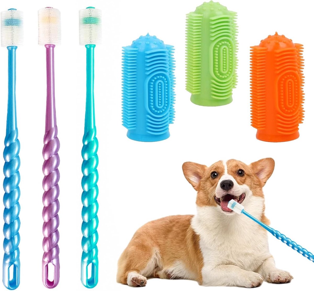 Set van 6 Dentaire Tandenborstels voor Honden met 360 Graden Rotatie, Soft Nano Haren en Herbruikbare Vingerborstels voor Anti-Plaque Verzorging van Huisdieren