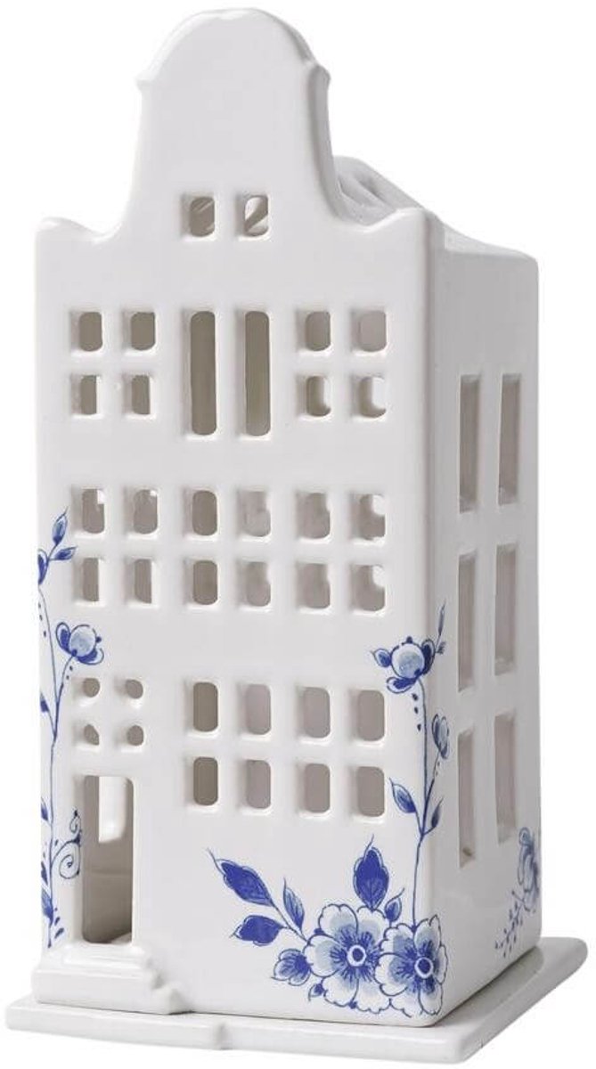 Heinen Delfts Blauw Waxinelichthouder huis - klokgevel - Delfts blauw - 17 cm