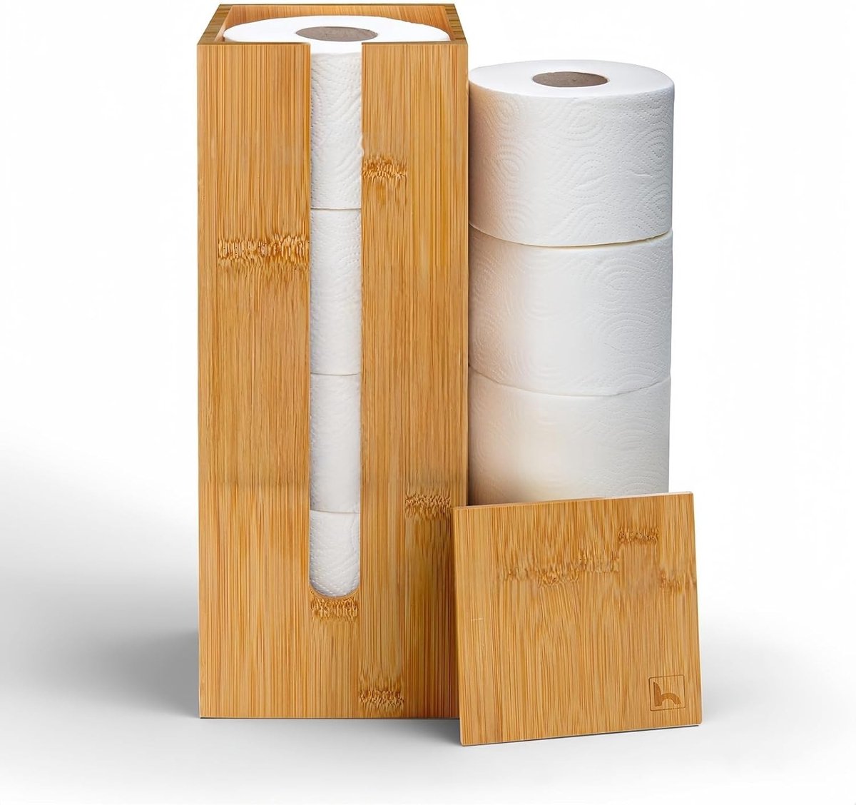Houten toiletpapierhouder voor 4 rollen met deksel, staande opbergoplossing voor toiletpapier, ideaal voor kleine ruimtes en badkamerorganisatie