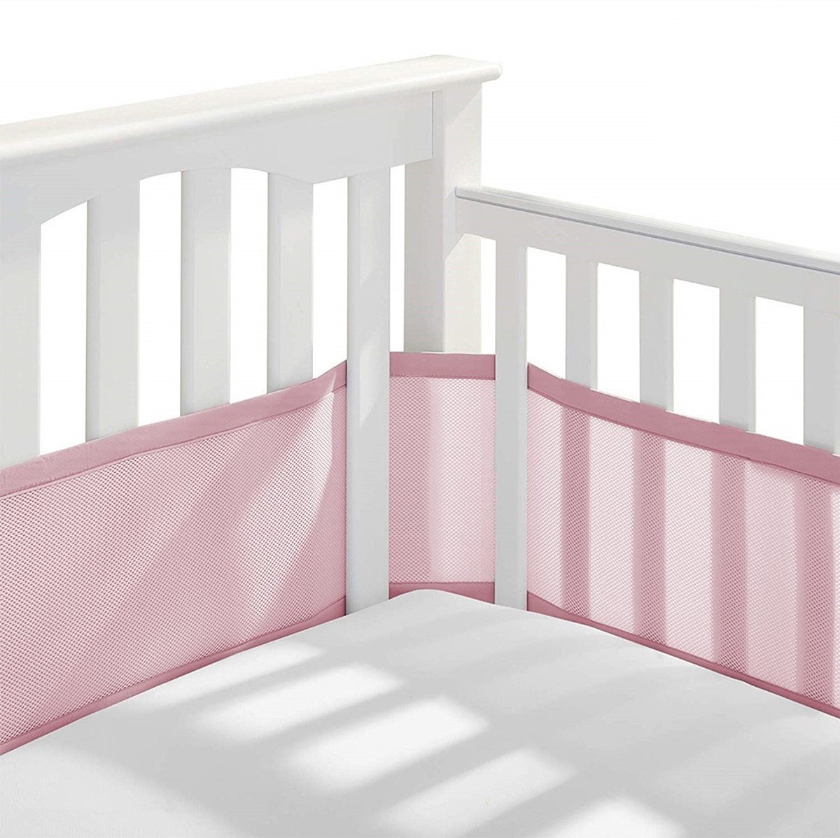 Baby Bedomrander – 2 Stuks - Bedbumper – Ademende Bedbumper voor Ledikant, Wieg & Box – roze – 160x30cm + 340x30cm – Veilig Mesh Bedrand – Zachte Bescherming Babybed