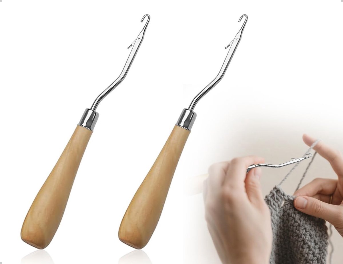 2 Stuks Haaknaalden met Houten Handvat, Gebogen Haaknaalden voor Dreadlocks, Tapijten en Dekens, Ideaal voor Haar en Knutselprojecten