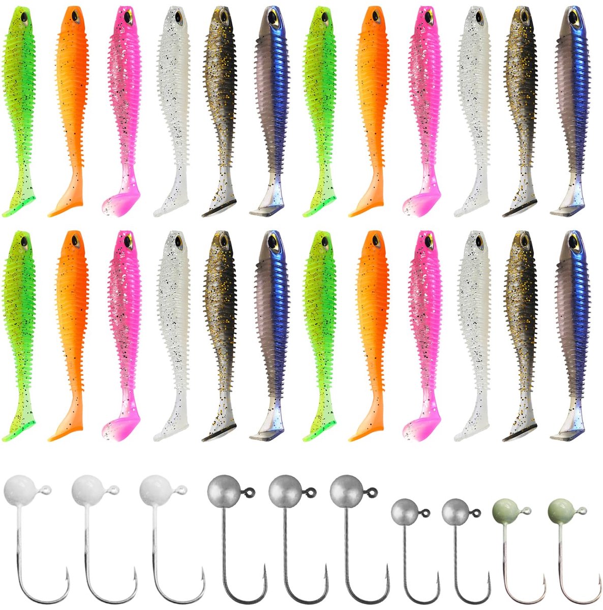 Softbait Set - 34 stuks - 6 kleuren - Met 2 maten lichtgevende haken - Voor roofvissen