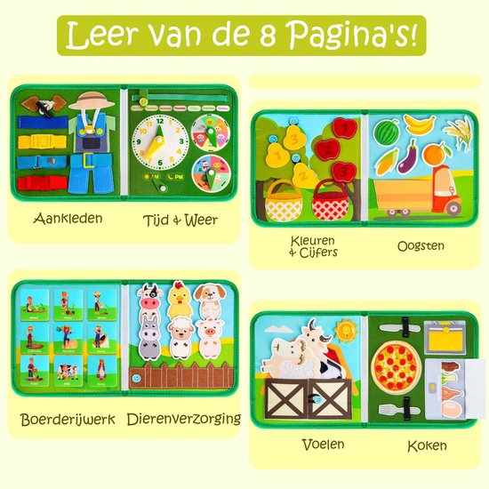 Busy Board Montessori Interactief Boek 1 jaar - Educatieve Zintuiglijke Rust Boek - Vilt Montessori Educatieve Spelletjes voor Kinderen 1 2 3 Jaar - Cadeaus voor Jongen en Meisje - Groen — afbeelding 3