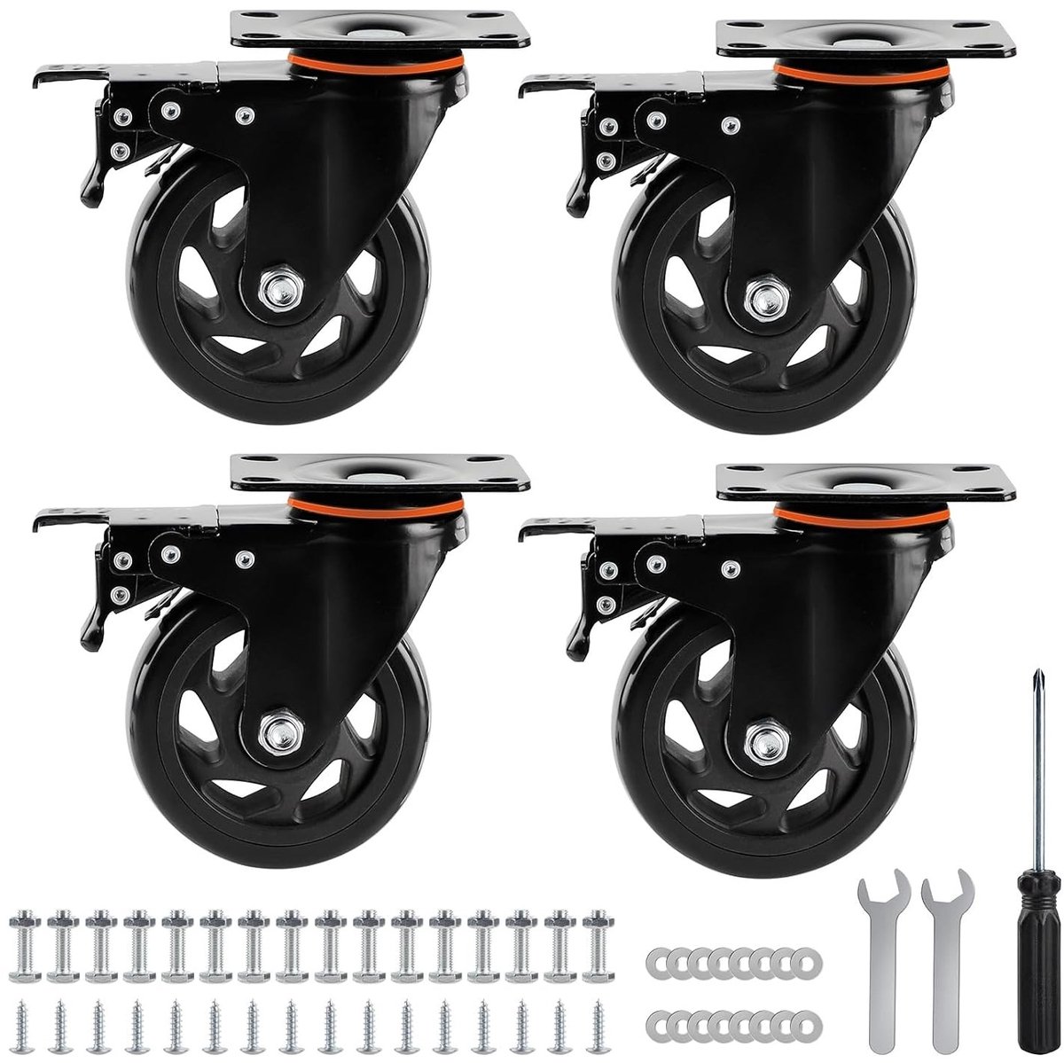 Set van 4 zware meubelwielen met rem, 100 mm, polyurethaan, 360 graden rotatie, ideaal voor transport en verplaatsing van meubels