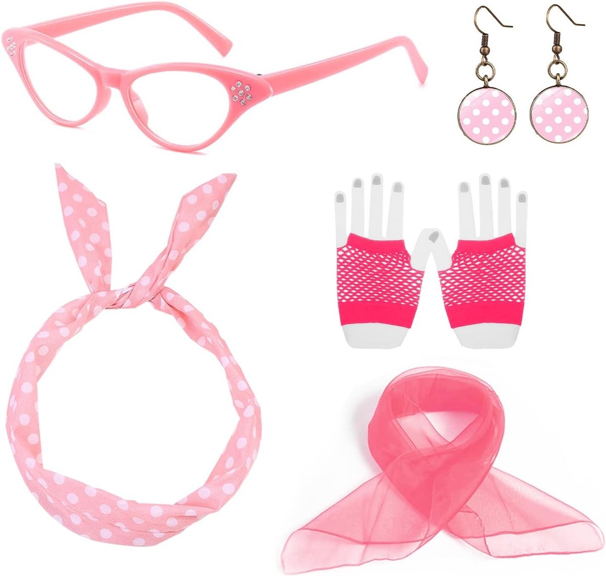 Vintage 50's Kostuumaccessoires met Roze Hoofdband, Zijden Sjaal, Vissennet Handschoenen en Retro Oorbellen voor Themafeesten en Disco's