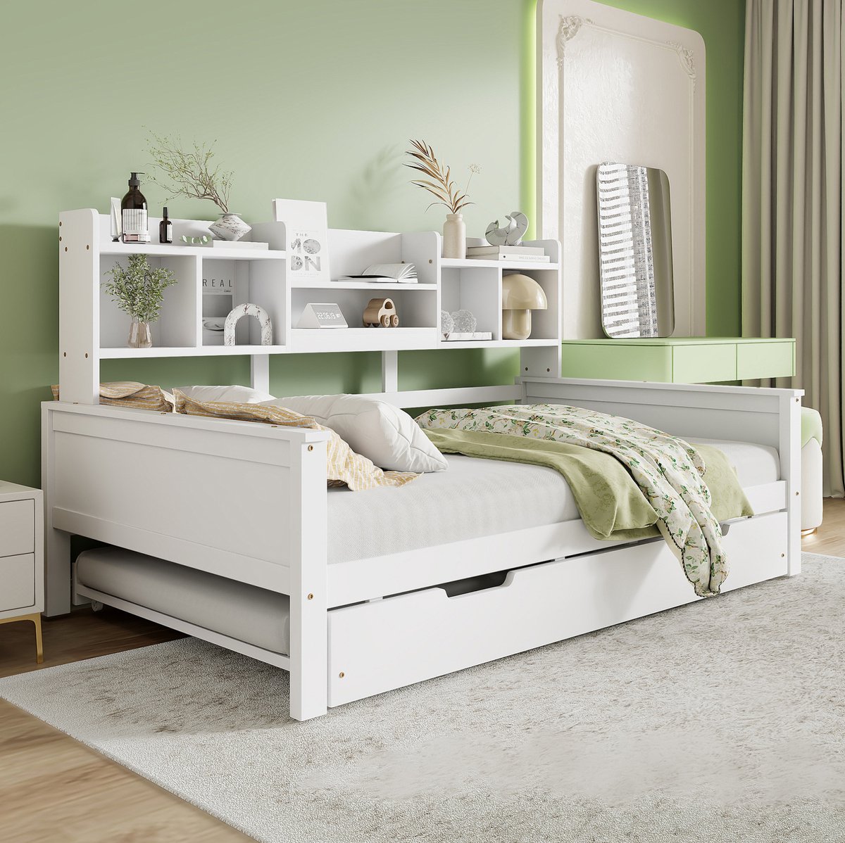 COVREO Uitrolbed met opbergruimte – Normaal bed met lattenbodem – Eenpersoonsbed voor logeerkamer – 205x97x110 cm – Wit - zonder matras