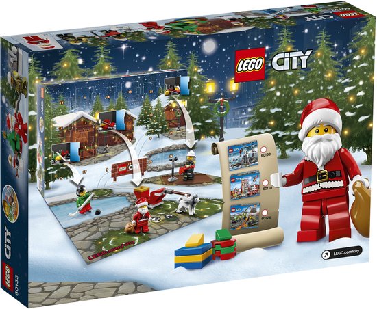 Achterkant LEGO City Adventskalender 60133 met kerstman, voorbeelden van dagen en wintertafereel.