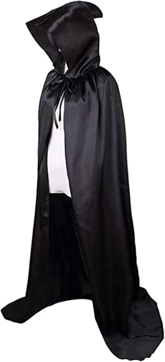 Zwarte Cape met Kap voor Halloween, Lange Kostuum met Satijnen Uiterlijk, 170 cm, Perfect voor Feestjes en Cosplay