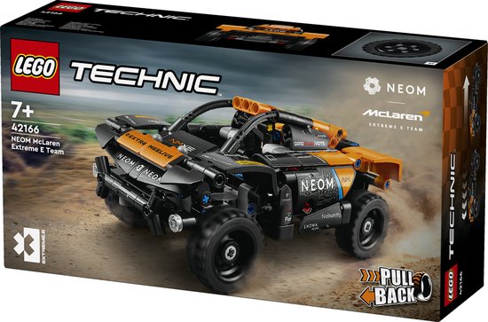LEGO Technic NEOM McLaren Extreme E Team raceauto met oranje en zwarte details en 'Pull Back' functie.