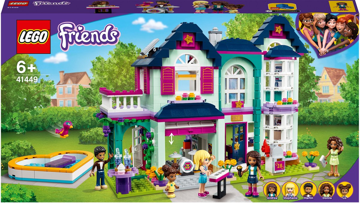 LEGO 41449 Friends Andrea's Familiehuis Set, Poppenhuis met Zwembad en Muziekstudio, Speelgoed voor Meisjes en Jongens vanaf 6 Jaar