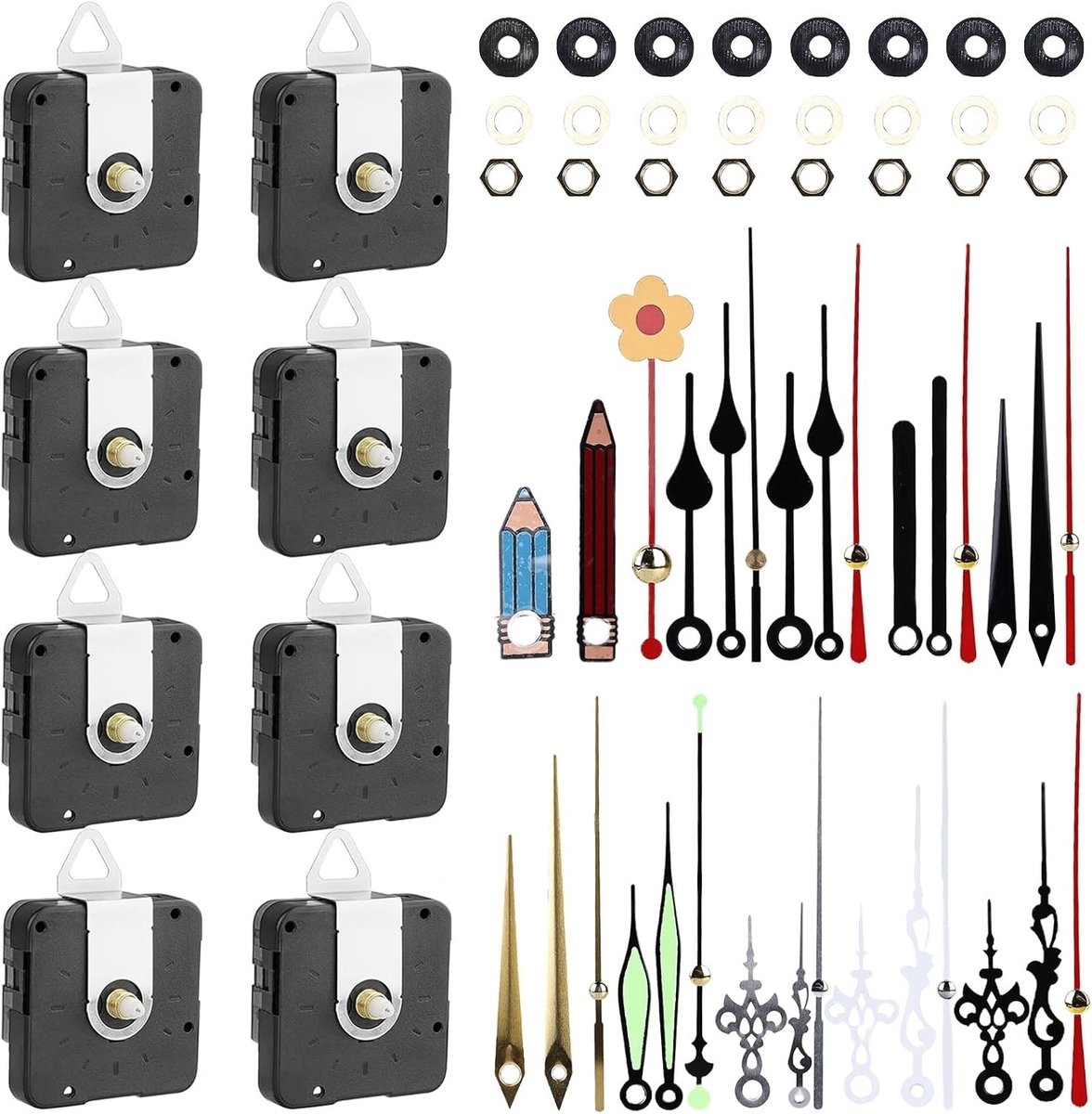 Pack van 8 Stille Quartz Wandklok Mechanismen voor DIY Reparatie - 13 mm, 16 mm, 22 mm Schachten, Batterij Aangedreven Onderdelen voor Klokherstel