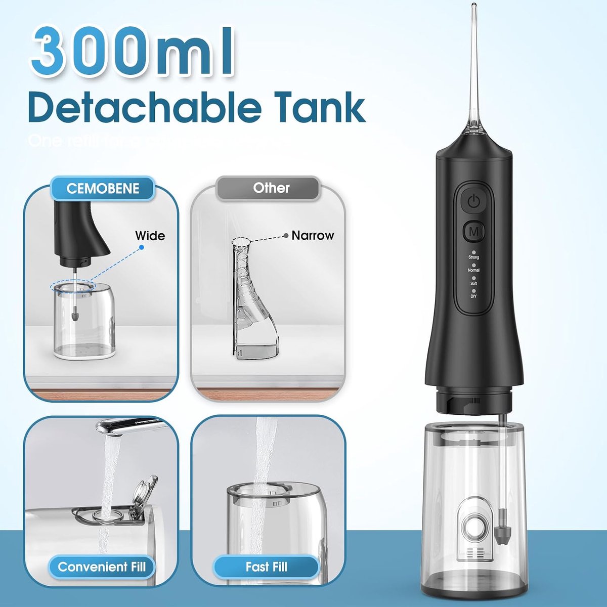 Waterflosser, Draadloze Monddouche met 300 ml Waterreservoir, 4 Reinigingsstanden en 6 Opzetstukken, IPX7 Waterbestendig, Oplaadbare Mondirrigator voor Beugels en Tandvleesverzorging, Thuis en Reizen, Zwart thumbnail 6