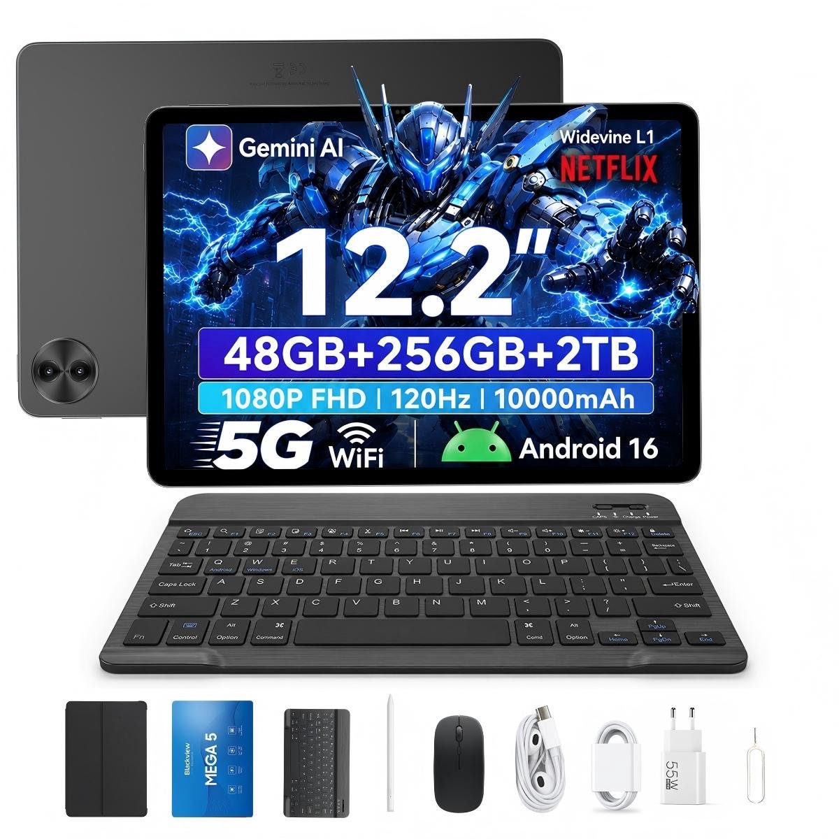 Blackview MEGA 5 Tablet - 12.2 inch - 48GB RAM - 256GB ROM - 10000mAh - Android 16 - Grijs