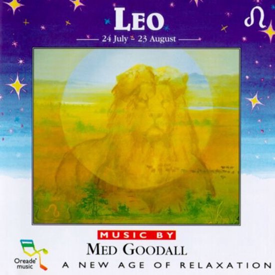 Albumhoes Leo met gouden leeuw in landschap onder sterrenhemel, tekst door Med Goodall.