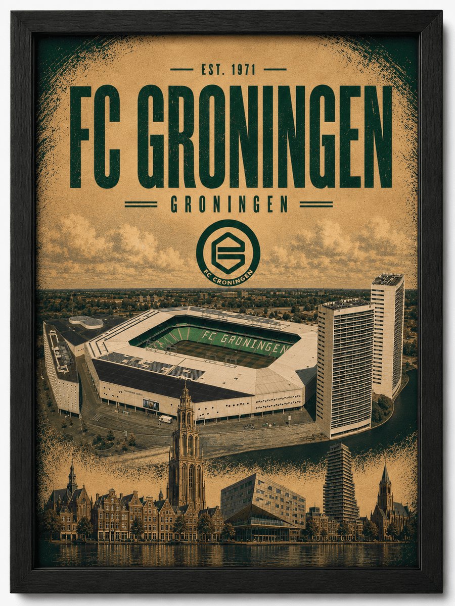 FC Groningen Poster | Euroborg Stadion Vintage Art Print | Retro Voetbal Poster | Inclusief Zwarte A3 Lijst