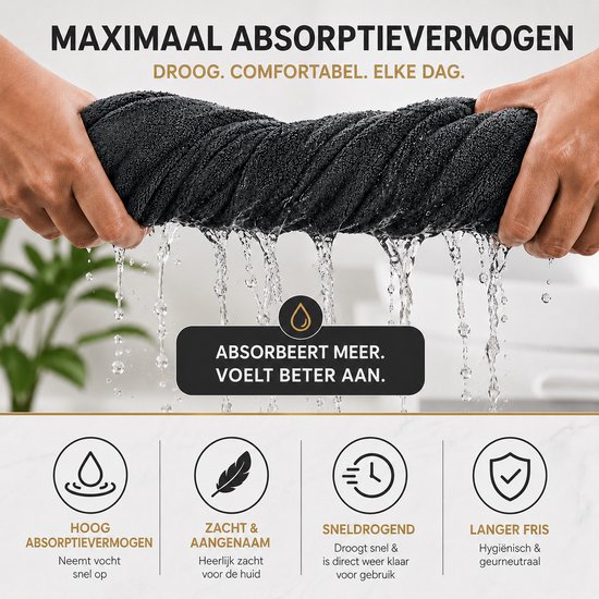 Twee handen wringen een donkere, absorberende handdoek uit, waarbij water druppelt. Tekst in het Nederlands over hoge absorptie, zachtheid en sneldrogen.