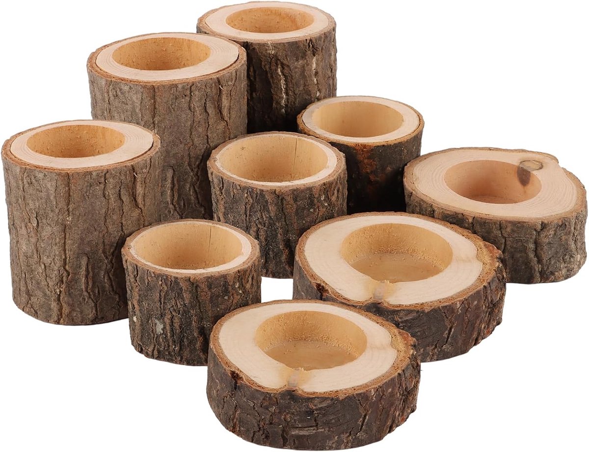 Theelichthouder - Set van 9 - Hout - Rustiek