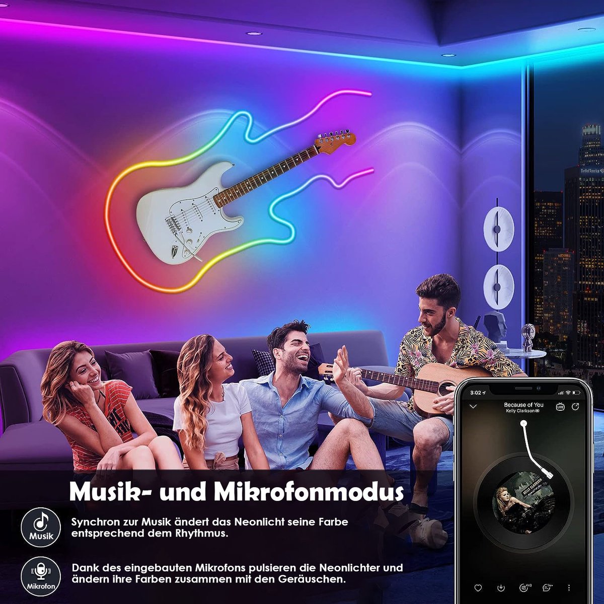 COVREO RGB LED-strip met app en afstandsbediening – Flexibele neon lichtstrip met muzieksynchronisatie – Voor gaming room, woonkamer en slaapkamer – 25x21x5 cm – Wit