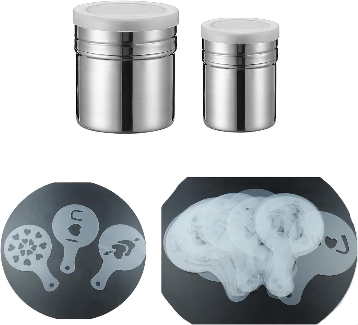 Set van 2 Poedersuiker Shakers en 24 Koffiestencils voor het Maken van Creatieve Koffiepatronen en Chocolade Decoraties