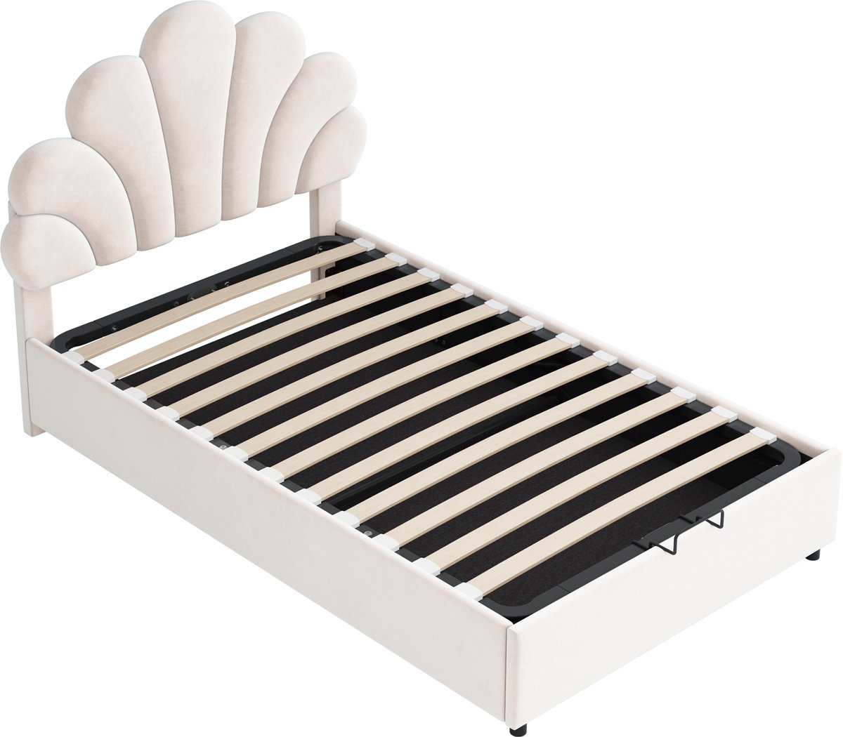 WUVRIE Gestoffeerd bed 90x200 cm met hydraulische opbergruimte, fluwelen bekleding, beige