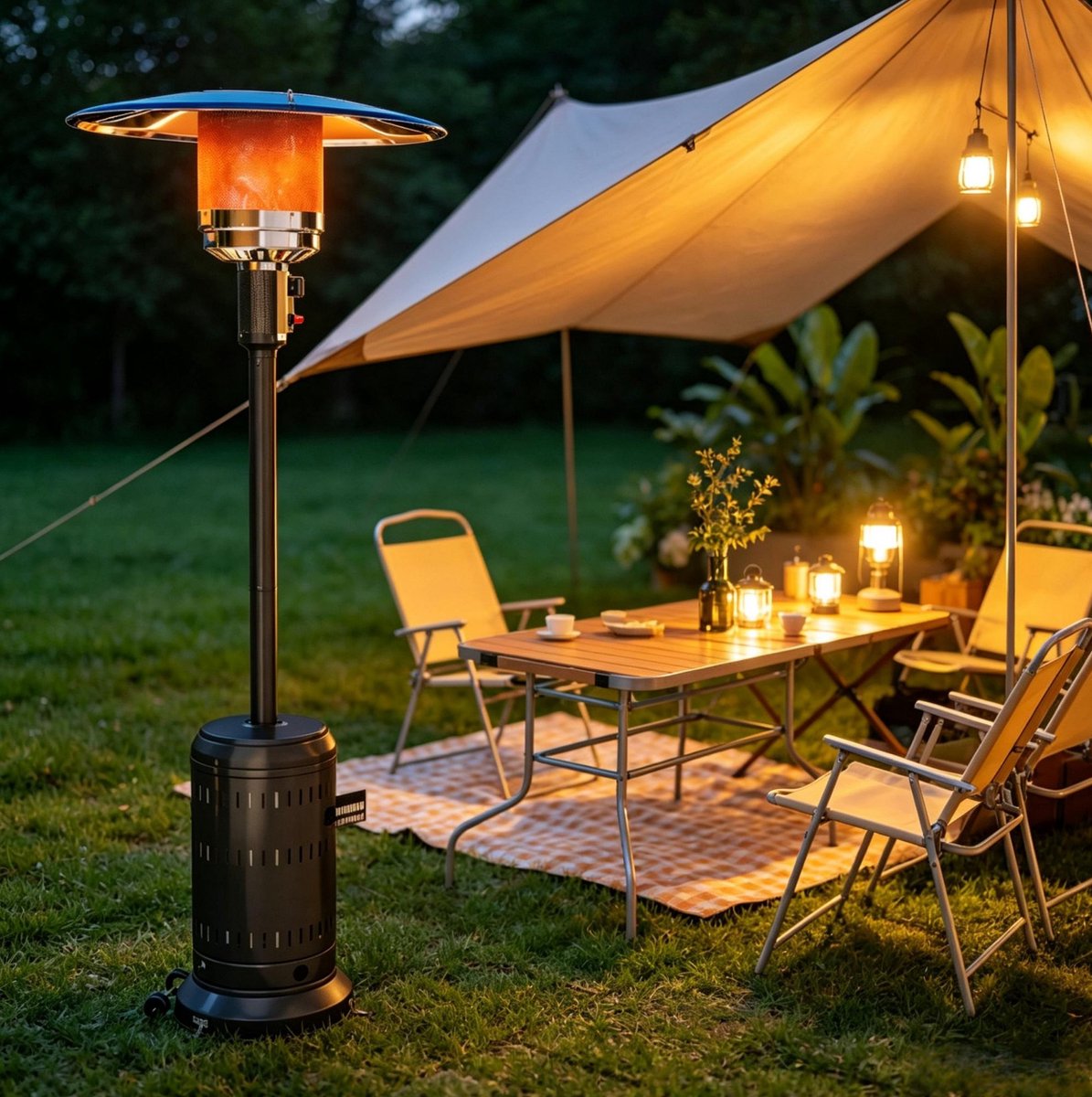 COVREO Gaskachel met piezo-ontsteking en warmtestanden – 82x82x223 cm – Terrasverwarmer voor tuin en buitenruimte – met wielen – Zwart