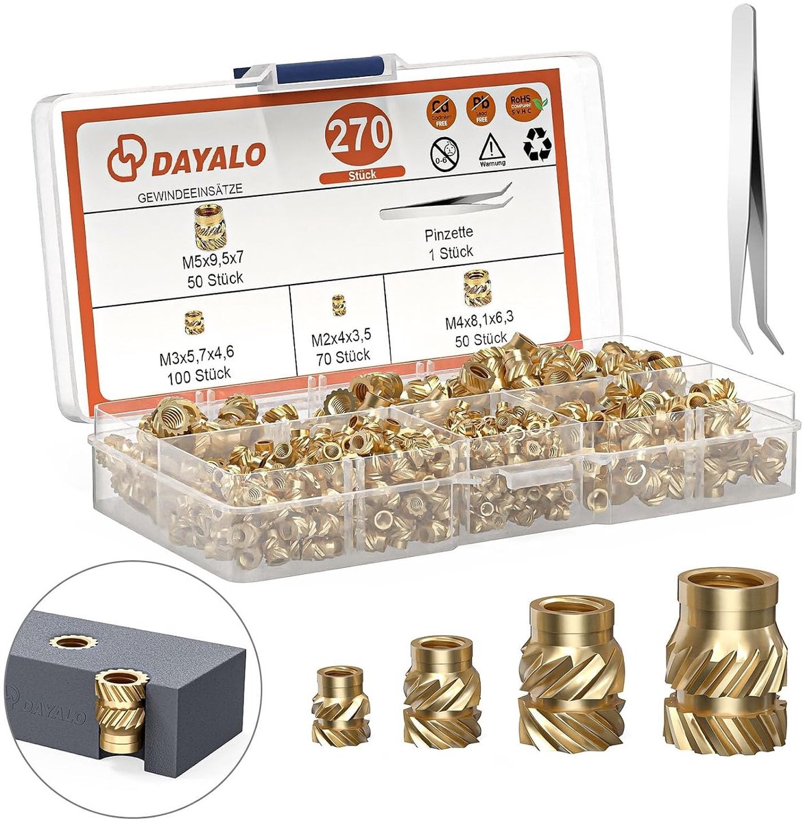 270 Draad Inserts voor 3D Printen, M2, M3, M4, M5, Messing Draadbussen, Drukmoeren voor 3D Printing Accessoires en Verbeterde Kunststof Onderdelen