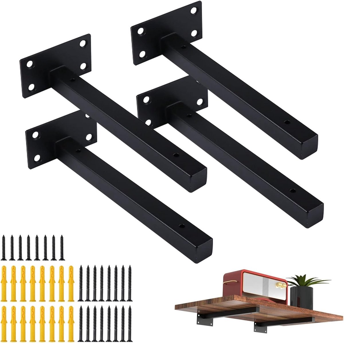 Set van 4 Hoekrekken, 35 cm, Wandplanksteunen voor Muurmontage, Robuuste Hoekhouders, Industrieel Ontwerp met Retro Metalen Bevestigingsplaten en Zwarte Schroeven