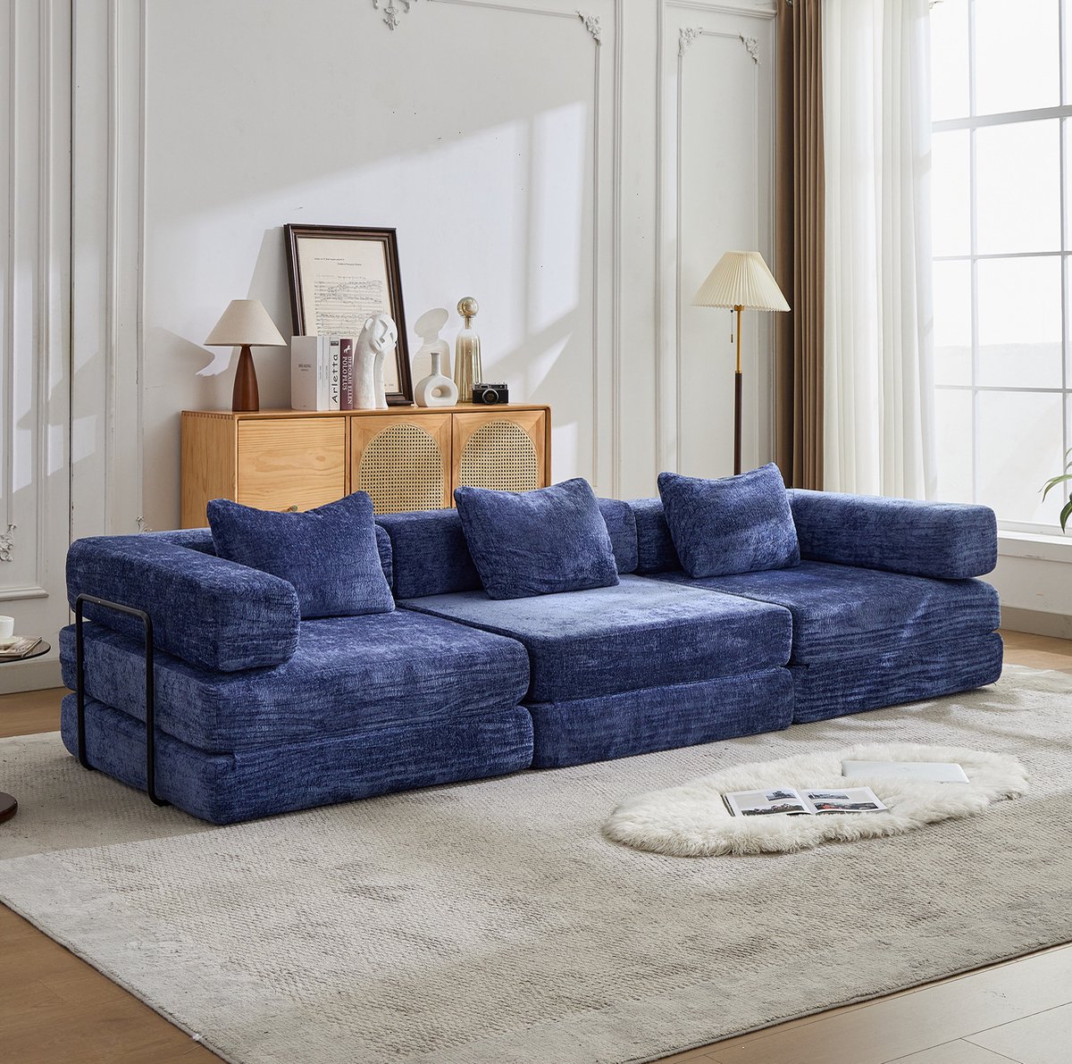 REDOM - Slaapbank - Converteerbaar ontwerp - Modulair vloerontwerp - Zonder montage - Woonkamer en slaapkamer - Chenille - Donkerblauw - 300 x 100 x 63 cm