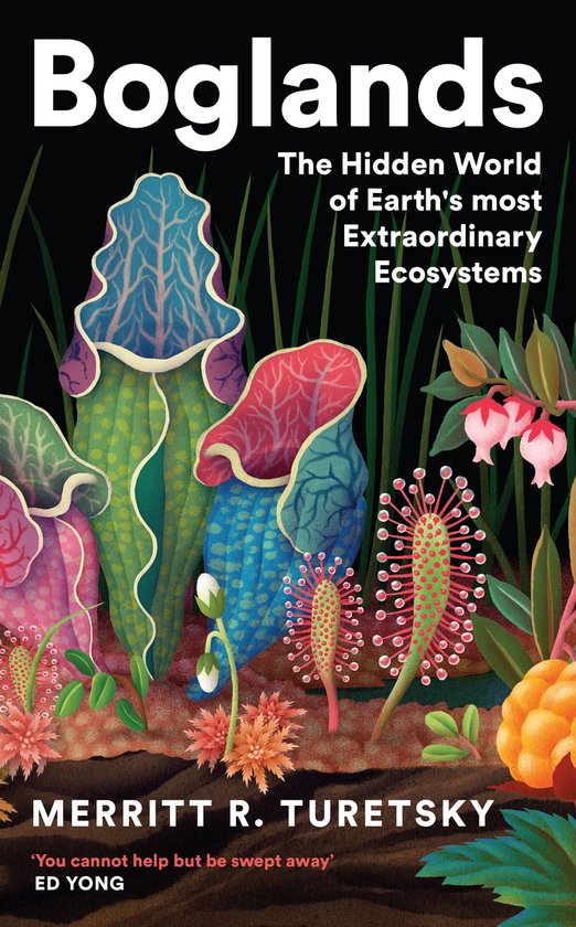 Boekomslag met de titel "Boglands" en illustraties van kleurrijke vleesetende planten.