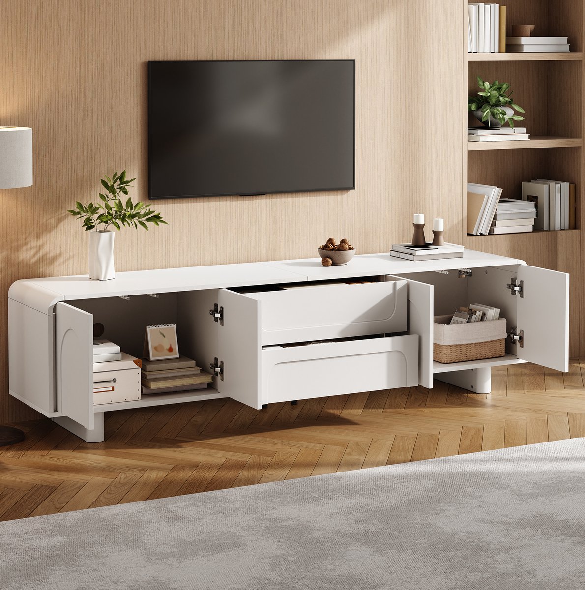 MODENUIT Dressoir - TV-Lowboard Met 4 Deuren En 2 Lades - Woonkamer - MDF En Spaanplaat - 180x40x46 Cm - Wit
