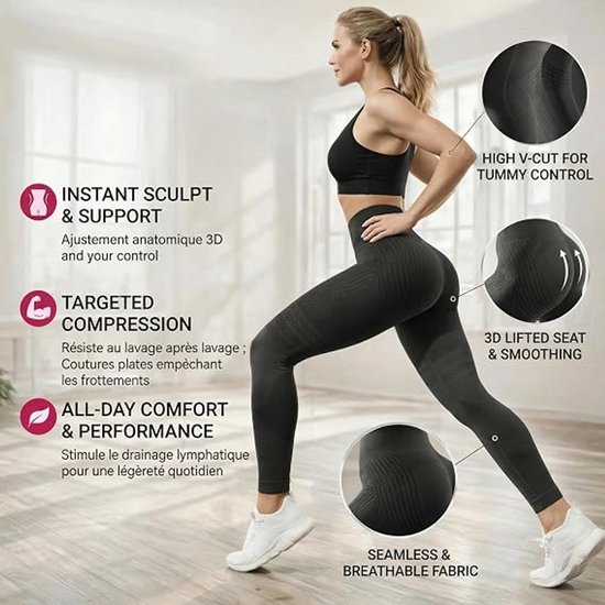 Deze compressielegging voor dames heeft een anti-cellulitiswerking, 3D-technologie, een hoge taille, een liftend effect en naadloze weerstandsbanden. De legging is ontworpen om je figuur te vormen en is geschikt voor, fitness en yoga - Zwart XXXL. van Adidas — afbeelding 4