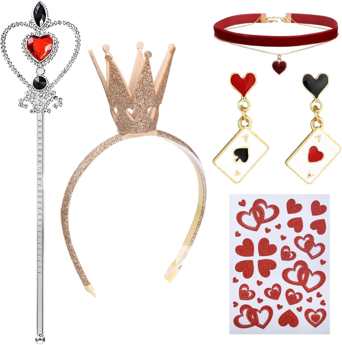 5-delige Koningin Kostuum Set voor Vrouwen met Tiara, Hartvormige Oorbellen, Ketting en Scepter voor Halloween en Carnaval, Perfect voor Cosplay en Feestjes