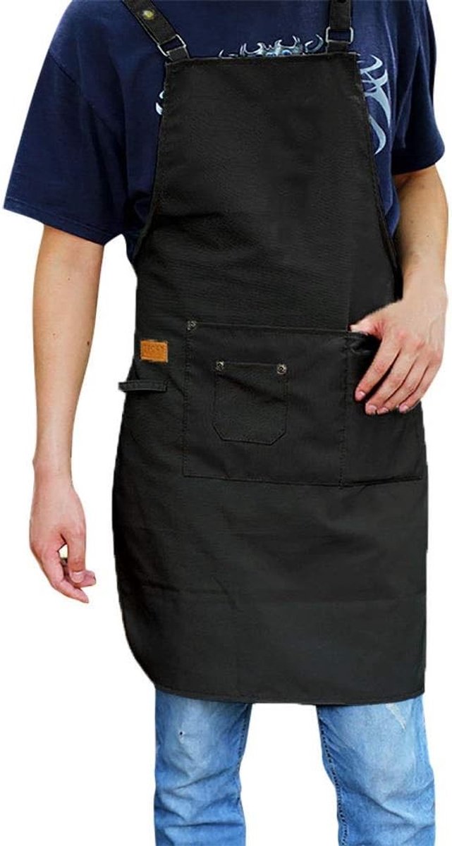Verstelbare unisex kookschort met zakken voor keuken, restaurant en café - zwart, maat M