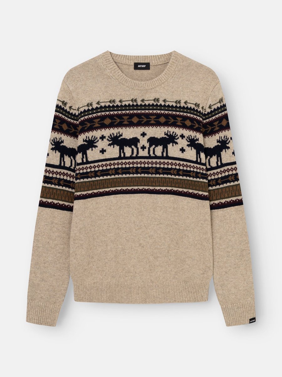 Antwrp trui beige met Noors motief en elanden voor heren - XL (42)