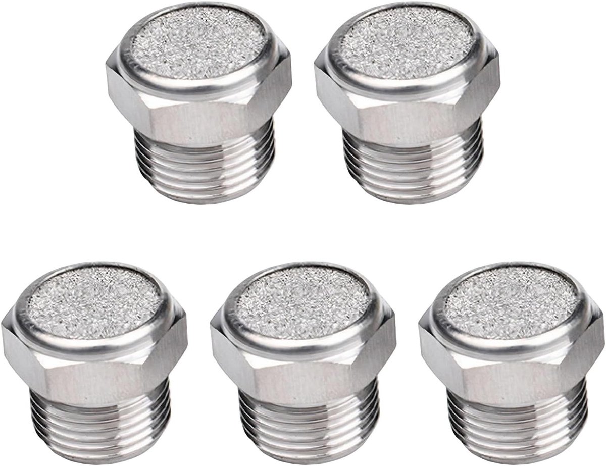 5 stuks pneumatische dempers van 304 roestvrij staal, PT 1/4 inch buitendraad, geluiddemper voor luchtcompressor en industriële toepassingen