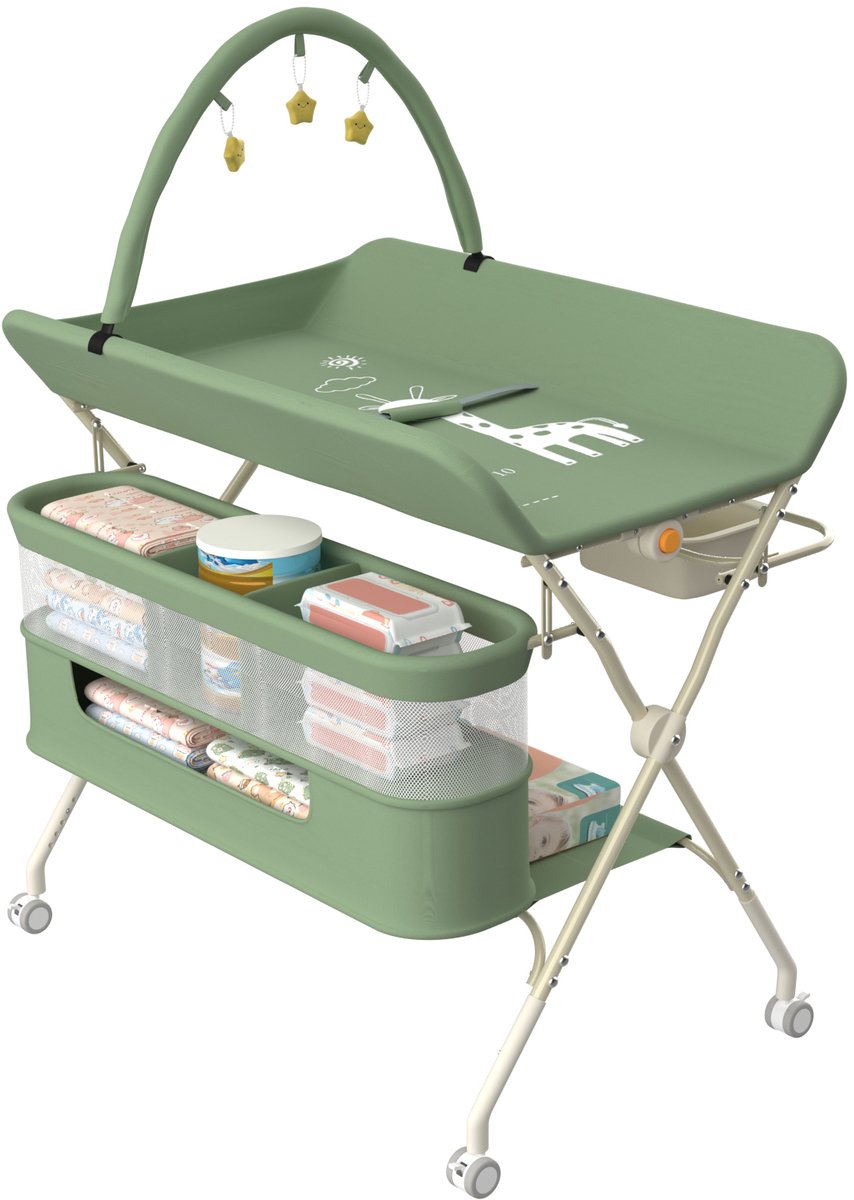 PIPIPOXER Luiertafel opvouwbaar - Verzorgingstafel - Met wielen -met babyspeeltjes, een zijbakje en opbergmand- Vrijstaande Verschoontafe- Zij Caddy - Verstelbare Hoogte - Opvouwbare & Mobiele commode - Groente