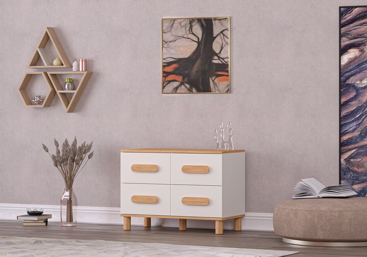 MILA WIT EIKEN LADENKAST MET 4 LADEN – Ladekast – Opbergkast – Slaapkamerkast – Opbergmeubel – Kast met Laden – Kledingopberger – Moderne Ladekast – Ruime Opbergruimte – Dressoir – Kast voor Slaapkamer en Woonkamer
