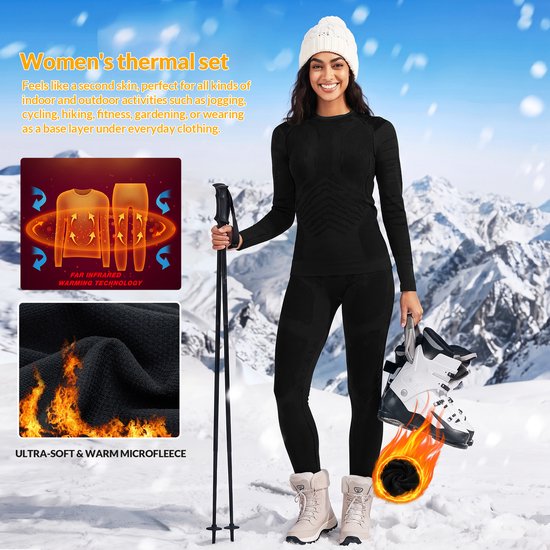 Vrouw in zwart thermisch pak met skistokken en skischoenen, met illustratie van verwarmingstechnologie.