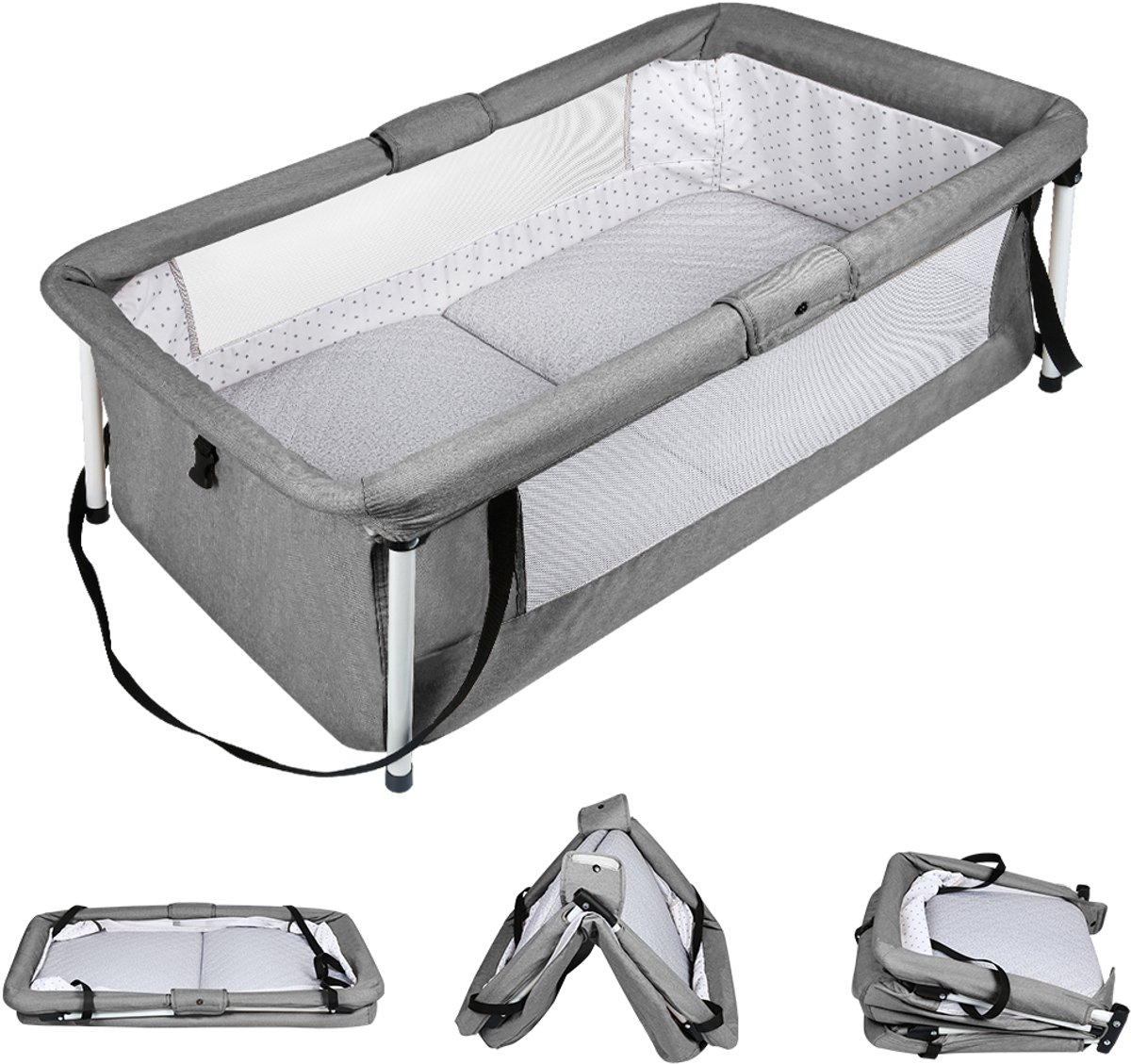PIPIPOXER Co Sleeper Opvouwbaar- Peuterbed -Oxford - Opvouwbaar - Baby Bed - Baby Wieg Inclusief Matras & Mosquitonet – Verstelbare Hoogte – Afneembare Bekleding - Campingbedje - Grijs