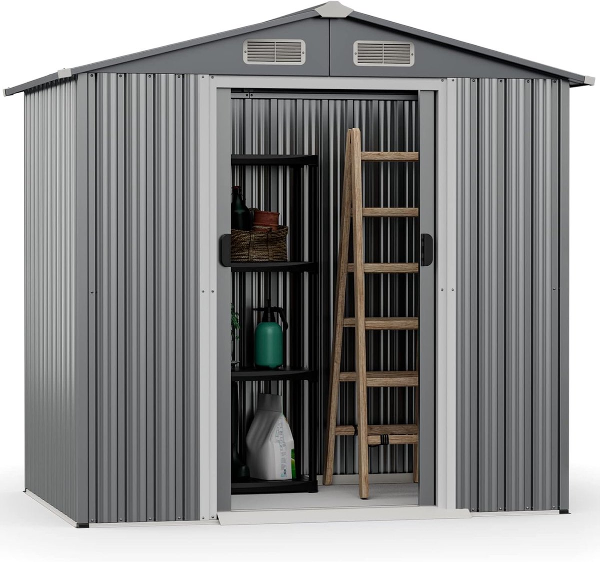 COSTWAY metalen tuinhuis, 182 x 129 x 196 cm, gereedschapsschuur met ventilatiesleuven, afsluitbare schuifdeuren, inclusief handschoenen, verzinkt staal, voor in de tuin of op het erf, grijs