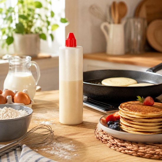 Een transparante doseerfles met rode dop staat naast pannenkoeken, fruit en bakbenodigdheden.